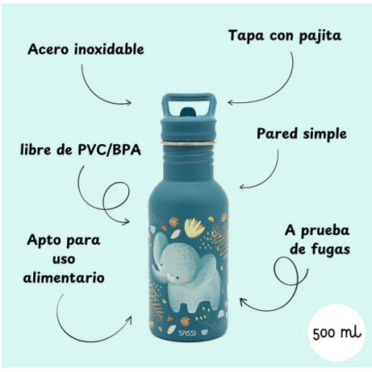 Botella Acero Elefante con pajita