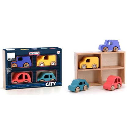 Caja 4 coches City madera