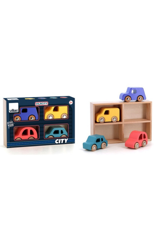 Caja 4 coches City madera