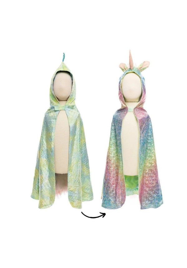 Capa reversible dragón verde-unicornio arcoiris