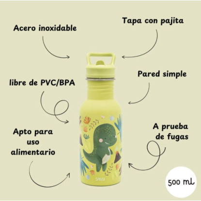 Botella Acero Dino con pajita