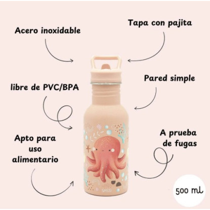 Botella Acero Pulpo con pajita
