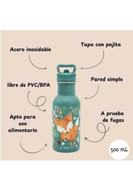 Botella Acero Zorro con Pajita