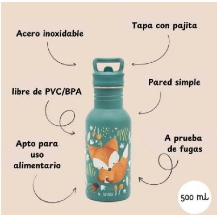 Botella Acero Zorro con Pajita